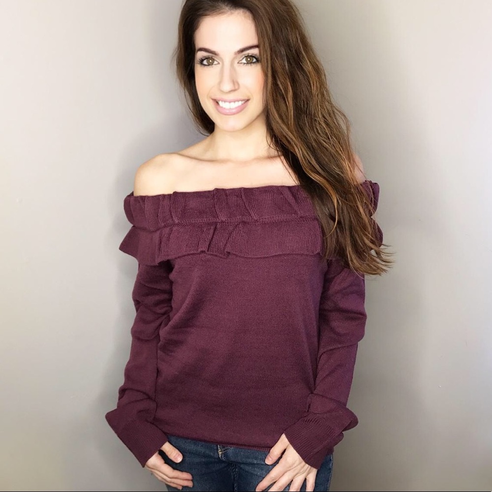 LAST 1- Eggplant off shoulder sweater - Picture 2 of 5